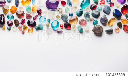 Different Beautiful Gemstones, Colorful Jewelry Crystals on White Background with Copy Space, Top View. Generative AI. Different Beautiful Gemstones, Colorful Jewelry Crystals on White Background with Copy Space, Top View. Generative AI. 101827839