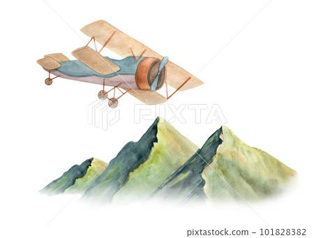 Watercolor illustration of picturesque green mountains and vintage plane isolated Watercolor illustration of picturesque green mountains and vintage plane isolated 101828382