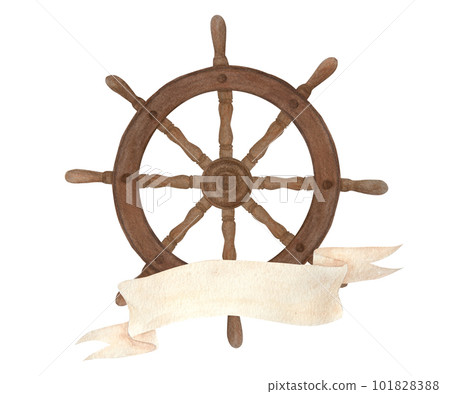 Watercolor illustration of old steering wheel, vintage scroll for inscriptions isolated 101828388