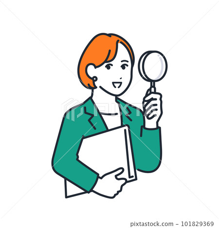 一個穿著西裝的年輕女子帶著放大鏡和帶著微笑的文件的簡單矢量圖素材 一個穿著西裝的年輕女子帶著放大鏡和帶著微笑的文件的簡單矢量圖素材 101829369