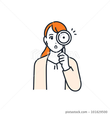 Simple vector illustration material of a young woman in a suit looking through a magnifying glass and analyzing 101829500