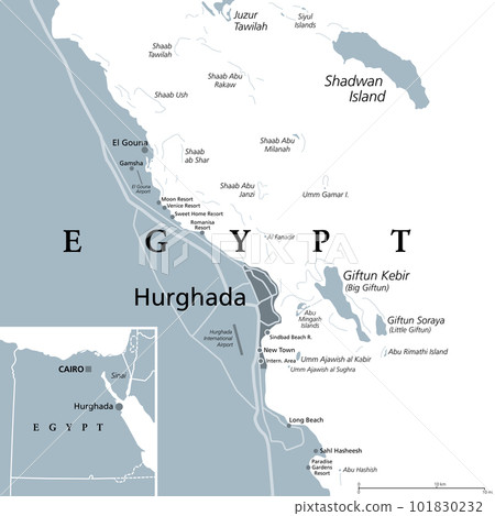 Hurghada and vicinity, Egypt, gray political map. City area in the Red Sea Governorate of Egypt, and one of the main tourist centres of the country, located on the Red Sea coast with numerous resorts. Hurghada and vicinity, Egypt, gray political map. City area in the Red Sea Governorate of Egypt, and one of the main tourist centres of the country, located on the Red Sea coast with numerous resorts. 101830232