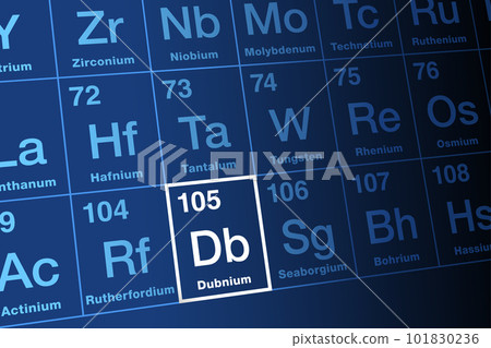 Dubnium, on the periodic table. Radioactive, synthetic transactinide element with element symbol Db and atomic number 105. Named after the Dubna, a town of science in the Moscow Oblast, Russia. Vector Dubnium, on the periodic table. Radioactive, synthetic transactinide element with element symbol Db and atomic number 105. Named after the Dubna, a town of science in the Moscow Oblast, Russia. Vector 101830236