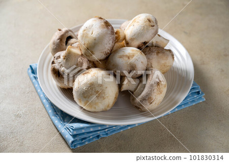 Raw champignon mushrooms in a plate. Fresh vegetables for cooking. Raw champignon mushrooms in a plate. Fresh vegetables for cooking. 101830314