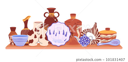 Modern decorative pottery. Ceramic crockery, hand drawn tableware, shelf with kitchen pottery. Handmade clay ceramic crockery vector illustration 101831407