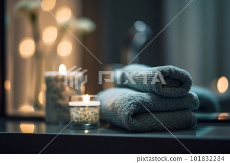 Rustic bathroom aesthetic with cozy towels and natural candles on a wooden table, providing a peaceful and rejuvenating atmosphere. AI Generative Rustic bathroom aesthetic with cozy towels and natural candles on a wooden table, providing a peaceful and rejuvenating atmosphere. AI Generative 101832284