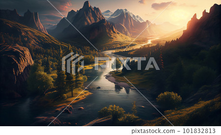 Beautiful landscape with high mountains and lagoon water with sunlight golden sunrise, nature, Generative AI Beautiful landscape with high mountains and lagoon water with sunlight golden sunrise, nature, Generative AI 101832813