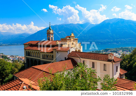 View of Madonna del Sasso monastery and lake Maggiore at Locarno, Switzerland 101832996