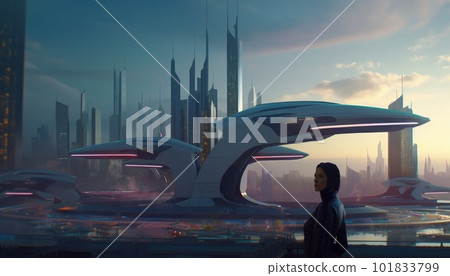 The girl stands and looks at the futuristic city of the future 101833799