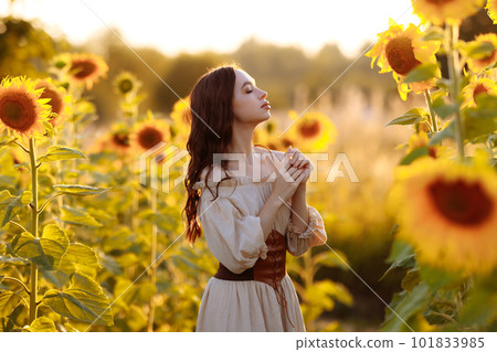 Beautiful woman in a dress in a field of sunflowers 101833985