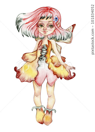 Watercolor cartoon fairy with magic wings. Watercolor hand draw fairy tale illustration. Illustartion with white isolated background. Perfect for greeting card, poster, wedding invitation, party decor 101834052
