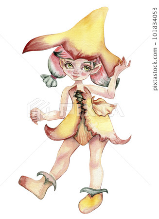 Watercolor cartoon fairy with magic wings. Watercolor hand draw fairy tale illustration. Illustartion with white isolated background. Perfect for greeting card, poster, wedding invitation, party decor 101834053