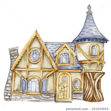 Watercolor cartoon house made from stone for fairy. Cute hand painted fairy tale illustration for greeting cards, prints, post cards and souvenirs. Illustartion isilated on white background. 101834054