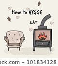 cozy postcard with a fireplace and an armchair 101834128