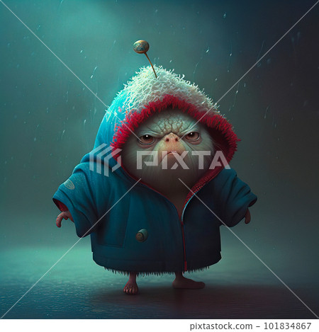 A Grumpy Little Animal Character in a Blue Jacket Standing in the Rain with a Hood over its Head A Grumpy Little Animal Character in a Blue Jacket Standing in the Rain with a Hood over its Head 101834867