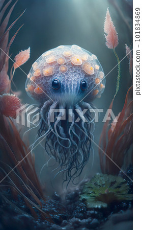 Character Concept Adorable Jellyfish with Big Blue Eyes 101834869
