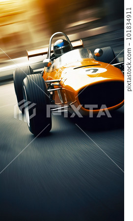 60s Dark Orange Racing Car Speeds Down Street with Motion Blur 101834911