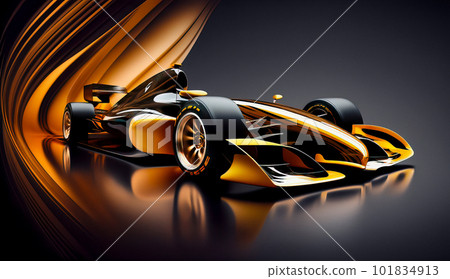 Powerful Orange and Black Race Car with Gold Streamlines standing on Reflective Blue Background Powerful Orange and Black Race Car with Gold Streamlines standing on Reflective Blue Background 101834913