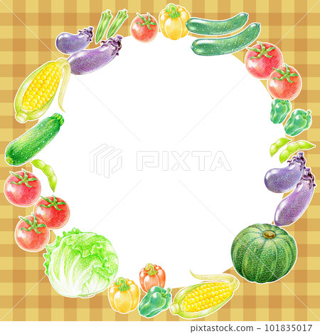 Circular frame material of summer vegetables with brown check pattern background Circular frame material of summer vegetables with brown check pattern background 101835017