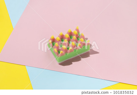 Creative composition with sponge for dishwashing on multicolor background 101835032