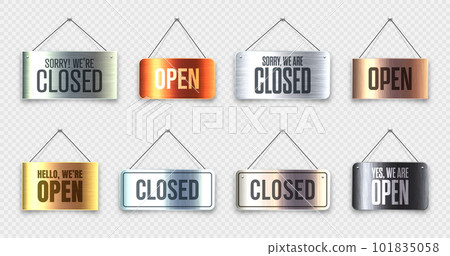 Brushed metal Open and Closed hanging signboards. Vintage door sign for cafe, restaurant, bar or retail store. Announcement banner, information signage for business or service. Vector illustration 101835058