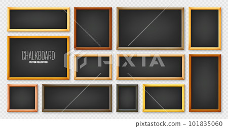 Realistic various chalkboards in a wooden frame. Black restaurant menu board. School blackboard, writing surface for text or drawing. Blank advertising or presentation boards. Vector illustration Realistic various chalkboards in a wooden frame. Black restaurant menu board. School blackboard, writing surface for text or drawing. Blank advertising or presentation boards. Vector illustration 101835060