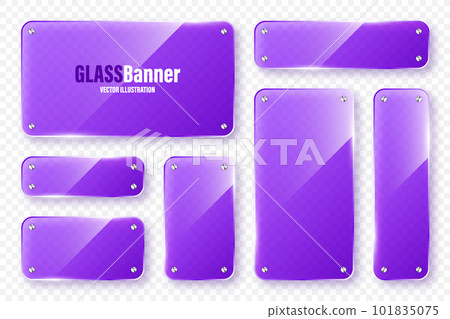 Realistic glass frames collection. Violet transparent glass banners with flares and highlights. Glossy acrylic plate, element with light reflection and place for text. Vector illustration 101835075