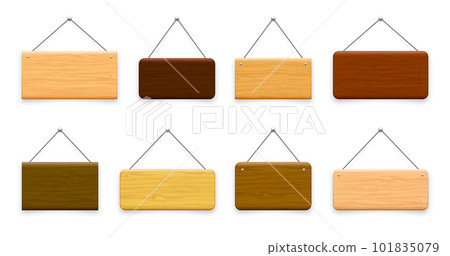 Wooden hanging signboards. Made of wood door sign for cafe, restaurant, bar or retail store. Announcement banner, information signage for business or service. Vector illustration Wooden hanging signboards. Made of wood door sign for cafe, restaurant, bar or retail store. Announcement banner, information signage for business or service. Vector illustration 101835079