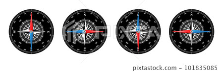 Marine compass, nautical wind rose with cardinal directions of North, East, South, West and degree markings. Geographical position and orientation, cartography and navigation. Vector illustration 101835085