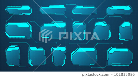 Blue futuristic HUD or UI elements. Sci-fi user interface text boxes, callouts. Warning message frames, information boxes template. Modern game interface layout in digital style. Vector illustration 101835086