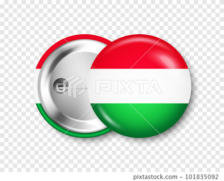 Realistic button badge with printed Hungarian flag. Souvenir from Hungary. Glossy pin badge with shiny metal clasp. Product mockup for advertising and promotion. Vector illustration 101835092