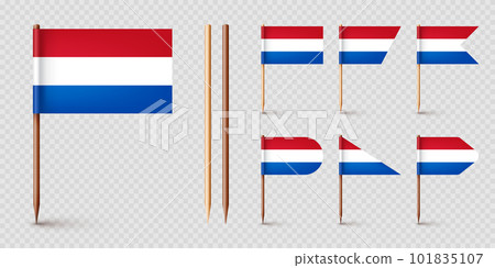 Realistic various Dutch toothpick flags. Souvenir from Netherlands. Wooden toothpicks with paper flag. Location mark, map pointer. Blank mockup for advertising and promotions. Vector illustration Realistic various Dutch toothpick flags. Souvenir from Netherlands. Wooden toothpicks with paper flag. Location mark, map pointer. Blank mockup for advertising and promotions. Vector illustration 101835107