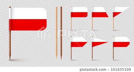 Polish toothpick flags. Souvenir from Poland. Wooden toothpicks with paper flag. Location mark, map pointer. Blank mockup for advertising and promotions. Vector illustration Polish toothpick flags. Souvenir from Poland. Wooden toothpicks with paper flag. Location mark, map pointer. Blank mockup for advertising and promotions. Vector illustration 101835109