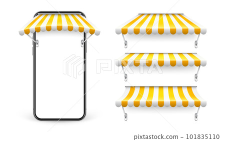 Smartphone with shop sunshade and metal mount, online internet shopping. Realistic yellow striped cafe awning. Outdoor market tent. Roof canopy. Summer street store. Vector illustration Smartphone with shop sunshade and metal mount, online internet shopping. Realistic yellow striped cafe awning. Outdoor market tent. Roof canopy. Summer street store. Vector illustration 101835110
