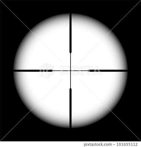 Weapon sight, sniper rifle optical scope on black background. Hunting gun viewfinder with crosshair. Aim, shooting mark symbol. Military target sign, silhouette. Game UI element. Vector illustration Weapon sight, sniper rifle optical scope on black background. Hunting gun viewfinder with crosshair. Aim, shooting mark symbol. Military target sign, silhouette. Game UI element. Vector illustration 101835112