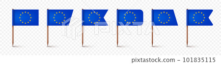Realistic various European toothpick flags. Souvenir from Europe. Wooden toothpicks with paper flag. Location mark, map pointer. Blank mockup for advertising and promotions. Vector illustration 101835115