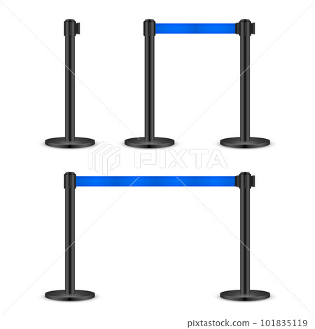 Realistic blue retractable belt stanchion. Crowd control barrier posts with caution strap. Queue lines. Restriction border and danger tape. Attention, warning sign. Vector illustration Realistic blue retractable belt stanchion. Crowd control barrier posts with caution strap. Queue lines. Restriction border and danger tape. Attention, warning sign. Vector illustration 101835119