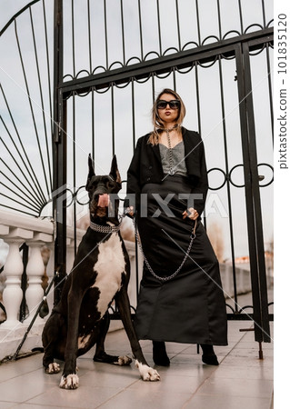 A woman walks with her Great Dane in an urban setting, enjoying the outdoors and the company of her dog. A woman walks with her Great Dane in an urban setting, enjoying the outdoors and the company of her dog. 101835120