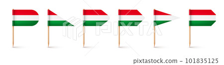 Realistic various Hungarian toothpick flags. Souvenir from Hungary. Wooden toothpicks with paper flag. Location mark, map pointer. Blank mockup for advertising and promotions. Vector illustration 101835125