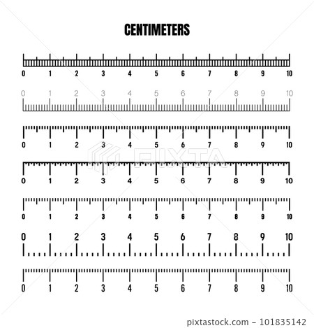 Realistic black centimeter scale for measuring length or height. Various measurement scales with divisions. Ruler, tape measure marks, size indicators. Vector illustration 101835142