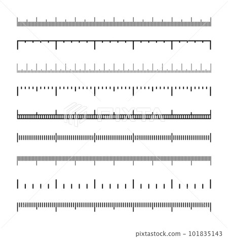 Various measurement scales with divisions. Realistic scale for measuring length or height in centimeters, millimeters or inches. Ruler, tape measure marks, size indicators. Vector illustration Various measurement scales with divisions. Realistic scale for measuring length or height in centimeters, millimeters or inches. Ruler, tape measure marks, size indicators. Vector illustration 101835143