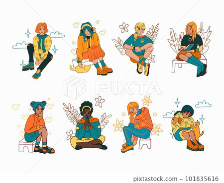 People are sitting on grass or chairs Young women sit in different poses on chairs turned from different sides. Vector set 101835616