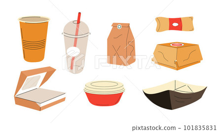 Food takeaway carton packages set vector. Lunch boxes. Cardboard cups, recyclable paper boxes. Delivery empty packages for pizza, icecream, fries. Food takeaway carton packages set vector. Lunch boxes. Cardboard cups, recyclable paper boxes. Delivery empty packages for pizza, icecream, fries. 101835831
