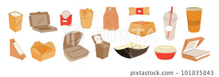 Food takeaway carton packages set vector. Lunch boxes. Cardboard cups, recyclable paper boxes. Delivery empty packages for pizza, icecream, fries. Food takeaway carton packages set vector. Lunch boxes. Cardboard cups, recyclable paper boxes. Delivery empty packages for pizza, icecream, fries. 101835843
