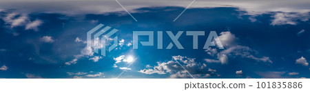 Blue sky panorama with Cirrus clouds in Seamless spherical equirectangular format. Full zenith for use in 3D graphics, game and editing aerial drone 360 degree panoramas for sky replacement. Blue sky panorama with Cirrus clouds in Seamless spherical equirectangular format. Full zenith for use in 3D graphics, game and editing aerial drone 360 degree panoramas for sky replacement. 101835886