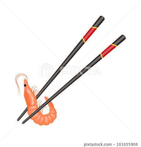 Boiled shrimp on wooden chopsticks. Asian seafood. Food illustration, vector Boiled shrimp on wooden chopsticks. Asian seafood. Food illustration, vector 101835908