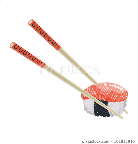 Pair of wooden chopsticks with sushi or roll. Asian cuisine. Food illustration, vector Pair of wooden chopsticks with sushi or roll. Asian cuisine. Food illustration, vector 101835910