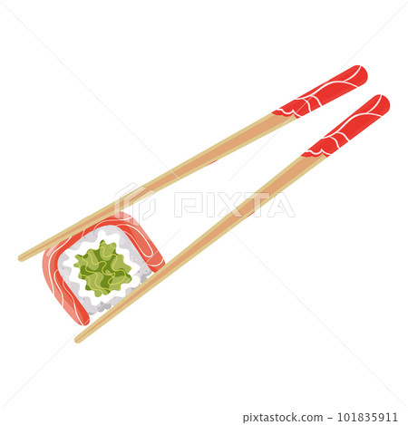 Pair of wooden chopsticks with sushi or roll. Asian cuisine. Food illustration, vector Pair of wooden chopsticks with sushi or roll. Asian cuisine. Food illustration, vector 101835911