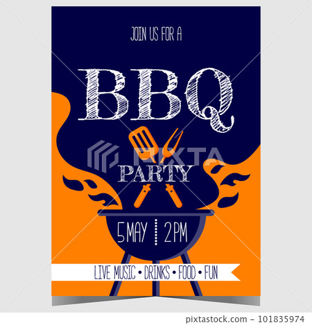 Barbecue party invitation poster with grill filled with flame and charcoal smoke, fork and turner spatula ready to grill, fry and roast the beef or pork steak during the bbq weekend outdoor picnic. 101835974