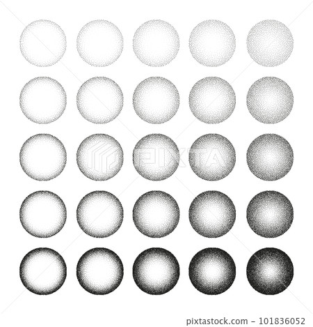 Round shaped dotted objects, stipple elements. Fading gradient. Stippling, dotwork drawing, shading using dots. Pixel disintegration, halftone effect. White noise grainy texture. Vector illustration Round shaped dotted objects, stipple elements. Fading gradient. Stippling, dotwork drawing, shading using dots. Pixel disintegration, halftone effect. White noise grainy texture. Vector illustration 101836052